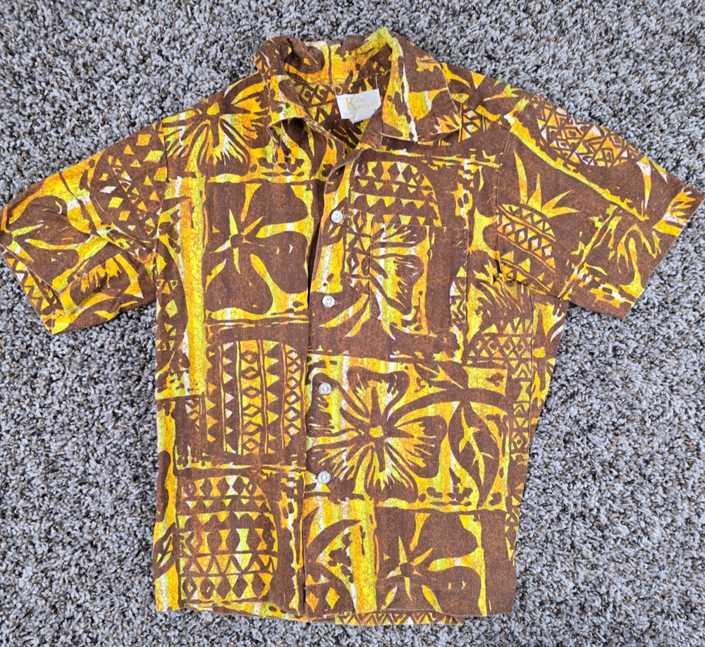 1960s Kala Kasuals Boys Sz M Barkcloth Hawaiian Shirt Gold Brown Pineapple Vtg